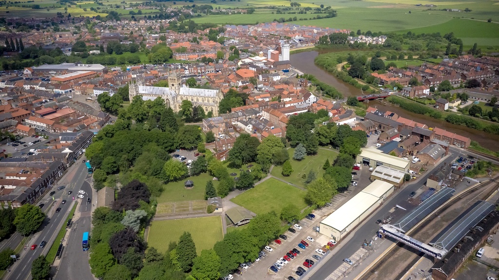 Aerial view of Selby town centre and Selby Abbey